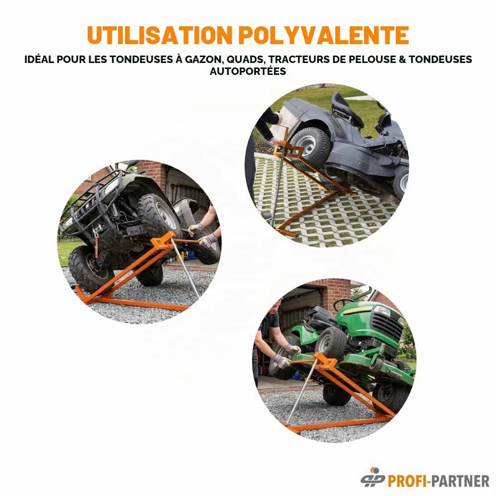 Lève-tondeuse inclinable – Dispositif de levage jusqu’à 400 kg | Réglable en continu, pliable & stable | Pour tondeuses, quads, tracteurs-tondeuses et autres