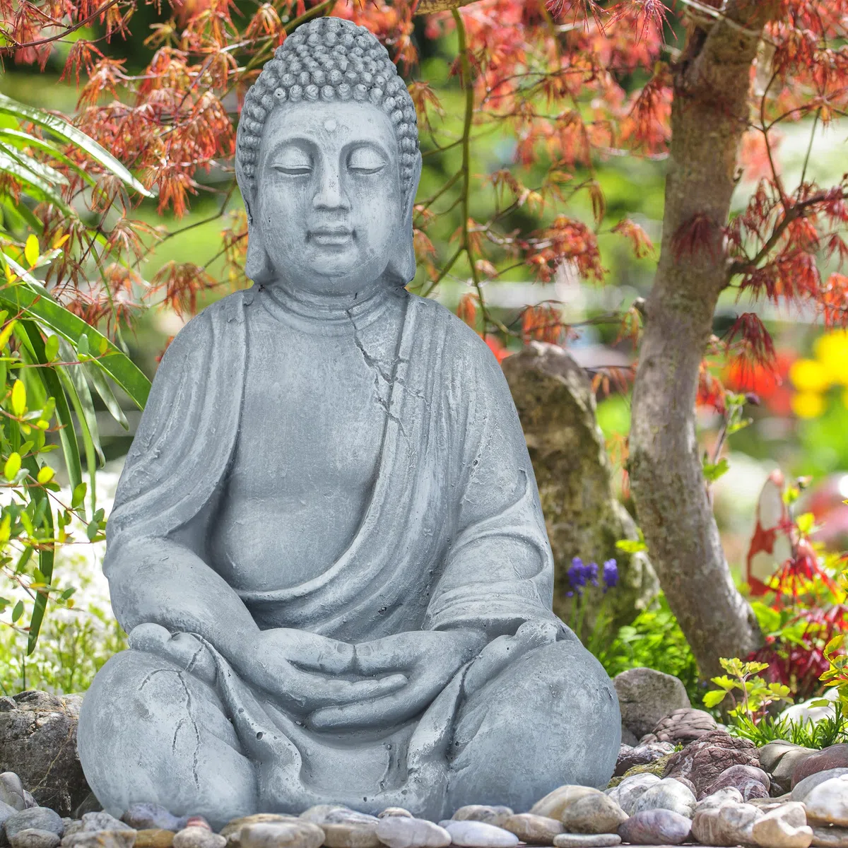 Relaxdays Statue de Buddha Figurine de Bouddha décoration Jardin Sculpture céramique Zen 50 cm, Gris Clair, grisclair