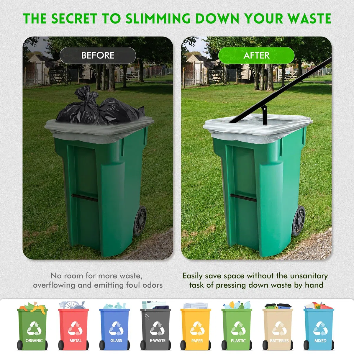 Compacteur Déchets,Compacteurs Poubelles pour Poubelles à Roulettes de 120L à 240L,Réglable en Hauteur Compacteur de Déchets pour Maison, Cuisine, Restaurant,Noir