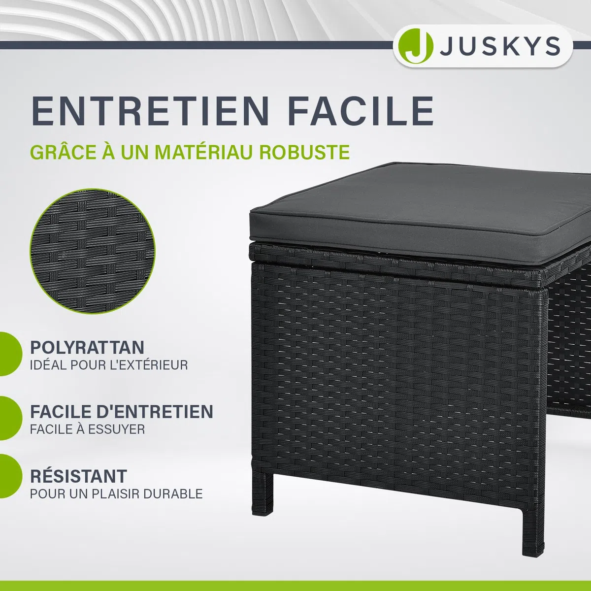 Juskys Groupe de sièges en polyrotin Baracoa XL 11 pièces résistant aux intempéries et empilable - Ensemble de mobilier de Jardin avec 6 chaises, 4 tabourets et Table - Noir, 10 Personnes