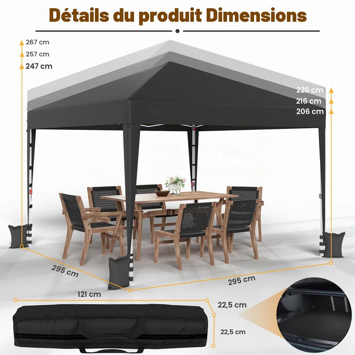 JUMMICO Tonnelle Pliante 3x3 imperméable, Hauteur Réglable, Toile Épaisse avec Fermeture Velcro, Structure Robuste, Protection Anti-UV, Idéale pour Camping, Jardin et Plus Encore, Gris