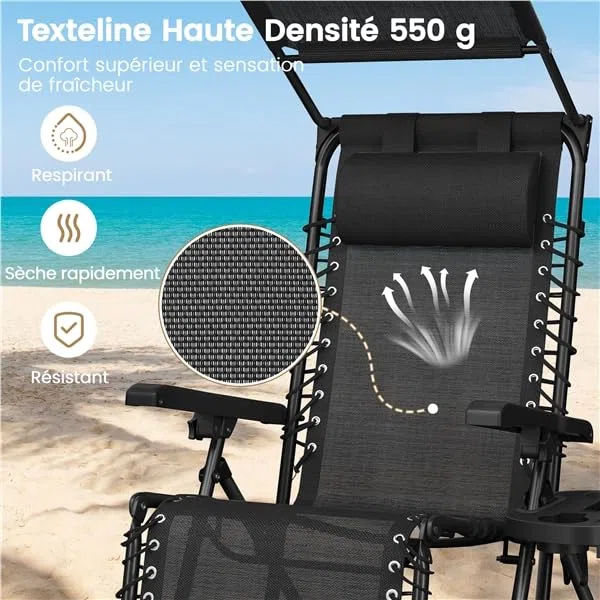 Yaheetech Chaise Longue avec Pare Soleil Bain de Soleil Pliable, avec Pare Soleil & Appuie-tête, Chaise Longue inclinable Transat de Plage Relax Camping Salon de Jardin Exterieur, Gris (1, Noir)