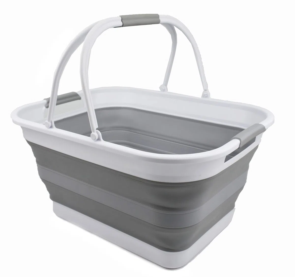 SAMMART Bassine pliable de 29 l avec poignée - Panier de pique-nique portable - Bac de rangement pour économiser de l'espace - Capacité d'eau de 24 l (1, blanc/gris)
