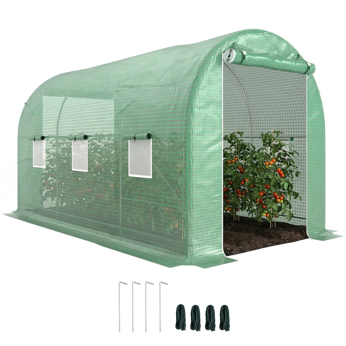Outsunny Serre de Jardin Tunnel Serre à Tomates 8 m² 4L x 2l x 2,05H m Vert | Châssis Tubulaire Renforcé, Double Porte Zippée, 6 Fenêtres Enroulables