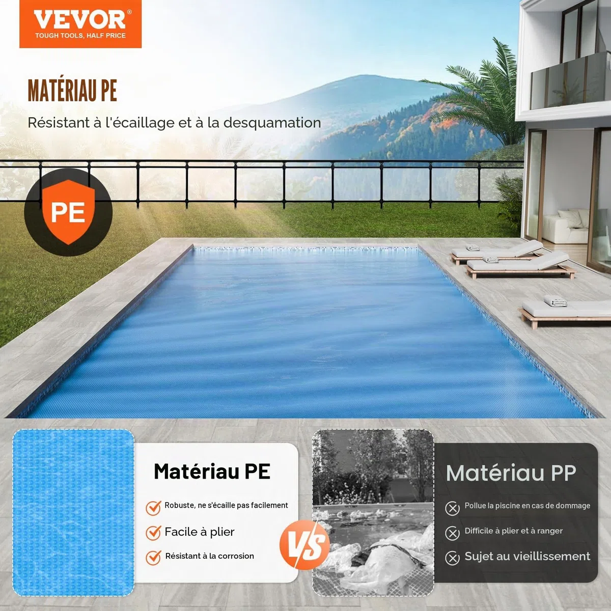 VEVOR Couverture Solaire pour Piscine, 10,97 x 5,49 m, bâches solaires rectangulaires pour Piscine, épaisseur de 0,4 mm, Protecteur de Piscine pour Piscine Hors Sol creusée, pour Chauffer l'eau, Bleu