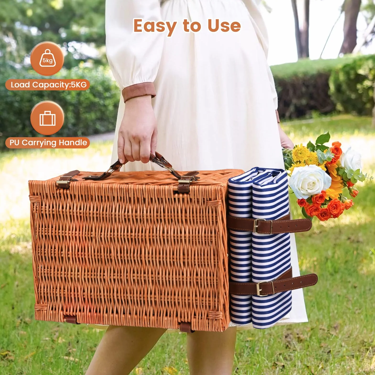 Panier de Pique-Nique en Osier pour 4 Personnes, avec Compartiment Isotherme, Couverture Imperméable, Couverts, pour Camping, Fête en Plein Air, Randonnée (Bleu, Boucles en Cuir)