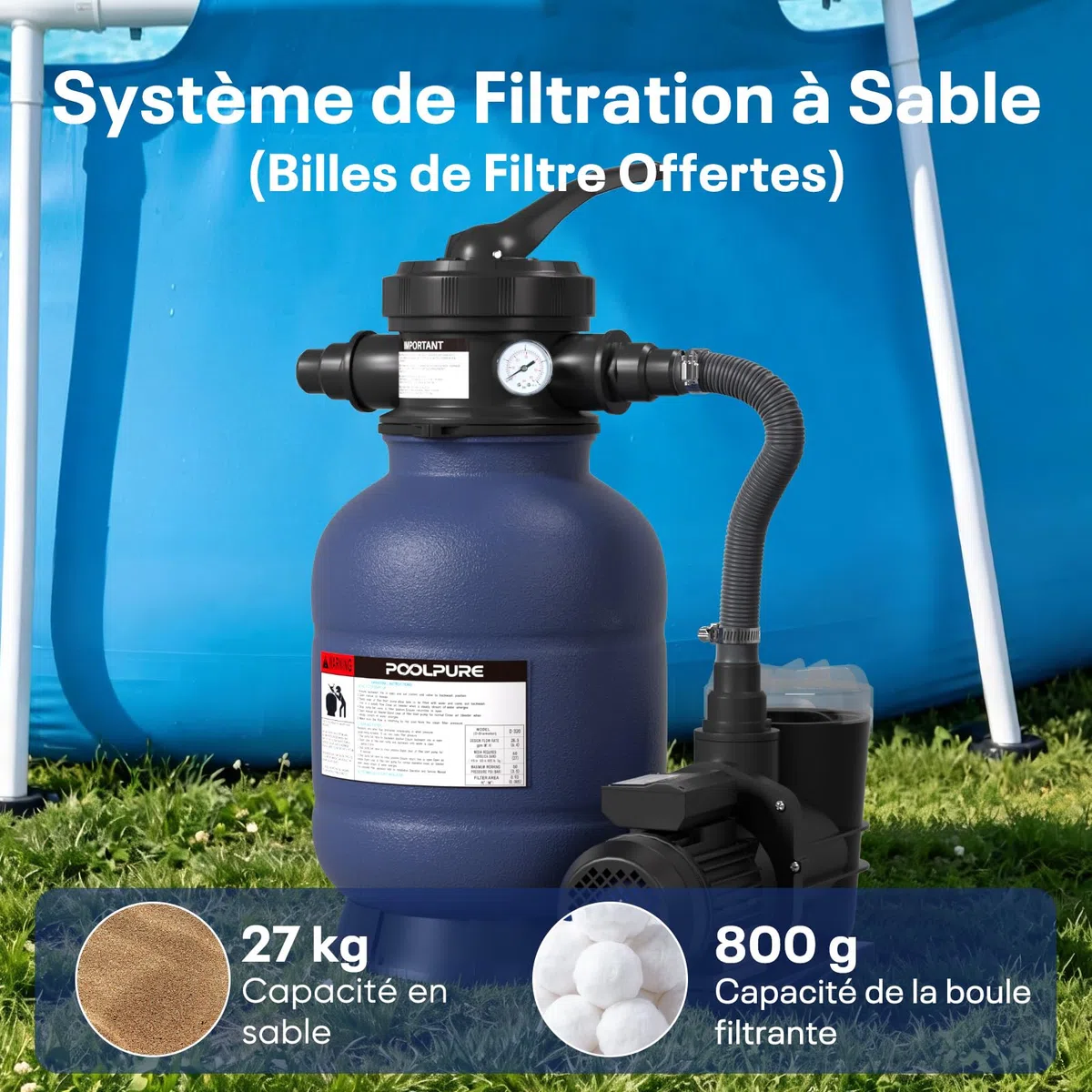 POOLPURE Système de Filtre à Sable 6,4 m³/h | Filtre à Sable et Particules 400W pour Piscine Hors Sol | Pompe Piscine avec Vanne 7 Voies, Manomètre et 700g Balles | Ø 32/38mm