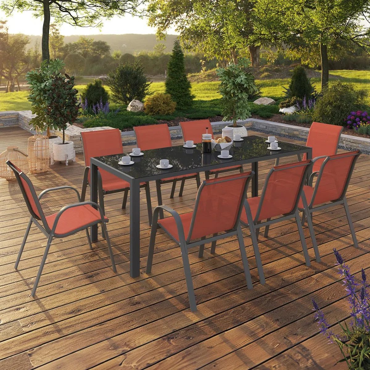 IDMarket - Salon de Jardin Madrid Table 190 CM et 8 chaises empilables Terracotta et Gris