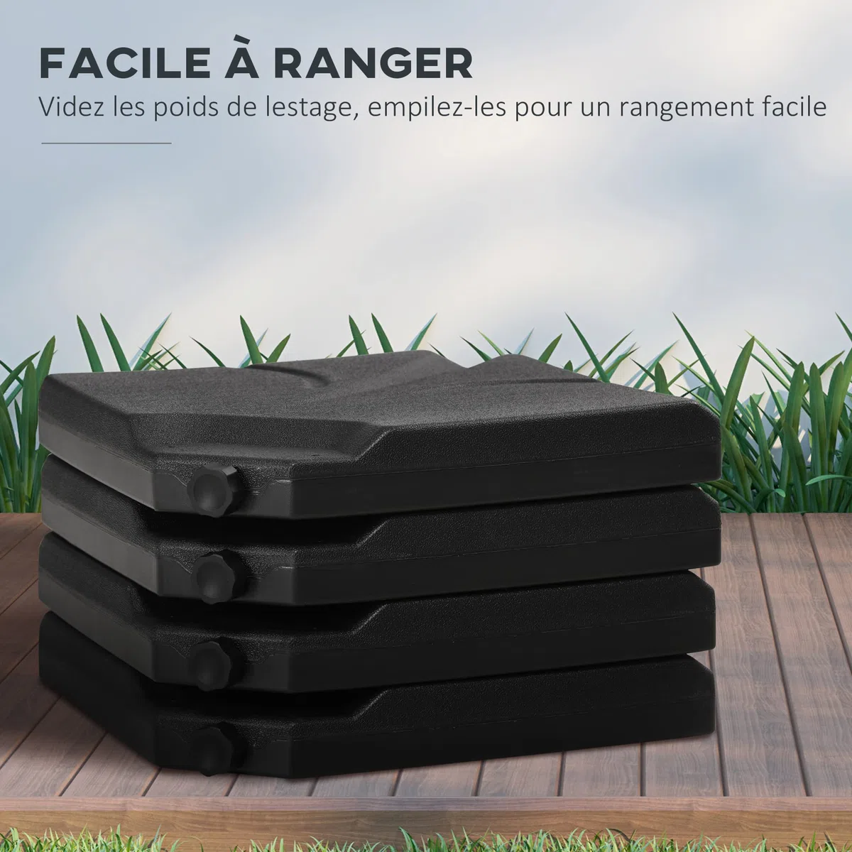 Outsunny Lot de 4 lestages pour parasols Dalles de Parasol déporté carré polyéthylène - À remplir d'eau ou de Sable jusqu'à 56/72 kg - 103 x 103 x 8,3 cm Noir