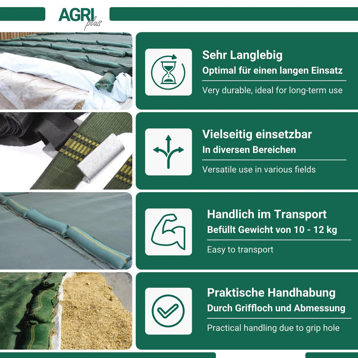 AGRI plus Lot de 20 sacs de sable pour silo avec poignée I Sacs de sable à remplir d'une capacité de 14 kg I 270 x 1000 x 1200 mm I Sacs d'inondation avec fermeture métallique I Sac de sable pour silo