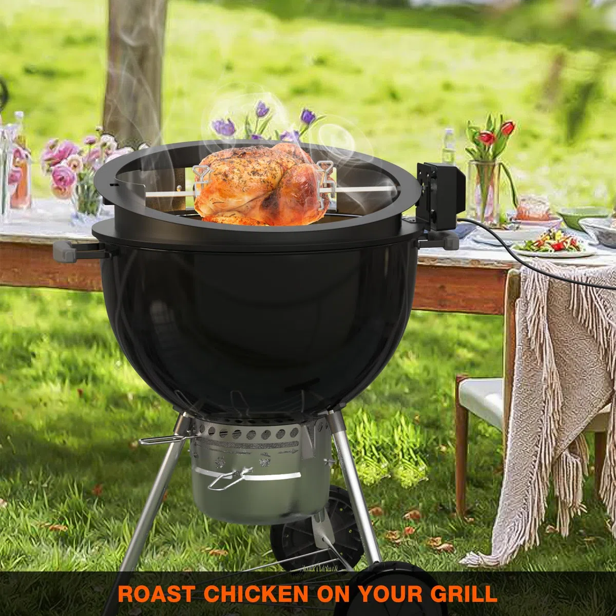 onlyfire Tourne Broche Barbecue Kit avec D'anneaux à Pizza pour Weber 57 cm Kettle Charcoal Grill, pour Rôtir du Poulet et Cuire des Pizzas, avec Moteur, Anneau à Charbon de Bois, Pierre à Pizza
