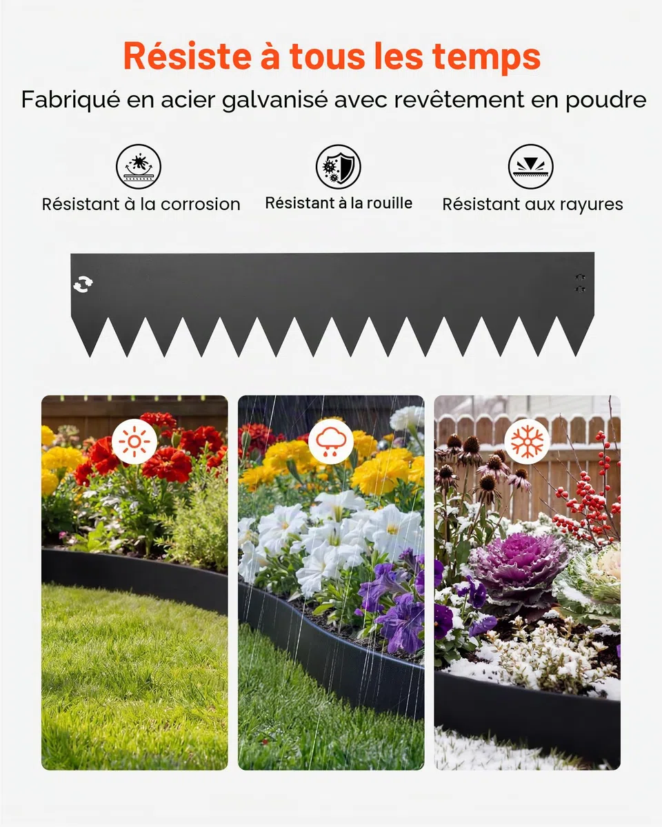 VEVOR Bordure de Jardin Métal 101,6x20,3 cm Bordure de Pelouse Acier Galvanisé Lot de 6 pour Massifs Fleurs, Allées, Délimitation Espace, Aménagement Paysager, Flexible, avec 6 Clips de Fixation, Noir