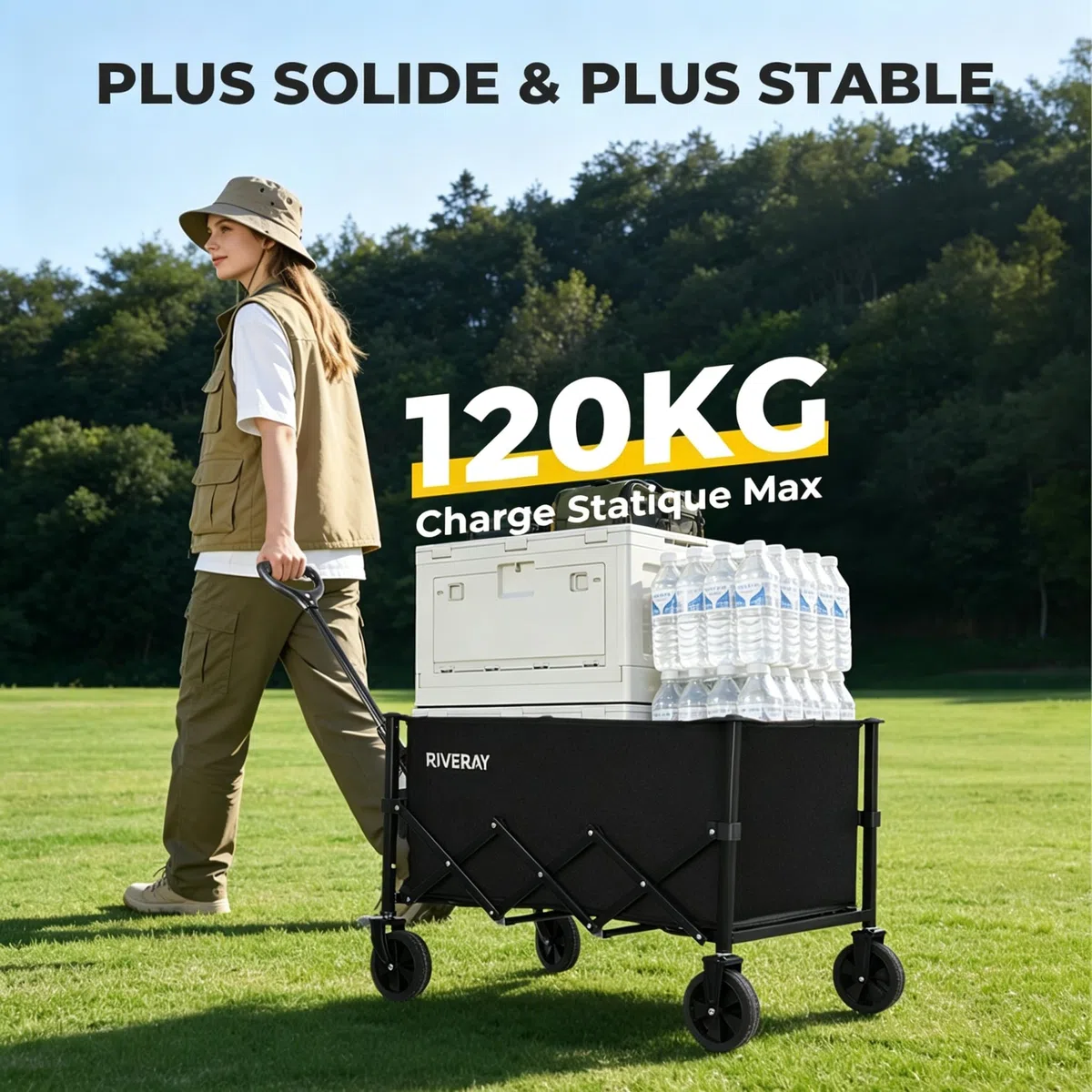 Chariot de Transport Pliable 120L, Montage sans Outil, Chariot Pliable de Jardin et Camping, 4 Roues Tout Terrain Détachables, Poignée Télescopique, pour Plage Jardinage Festival, Noir