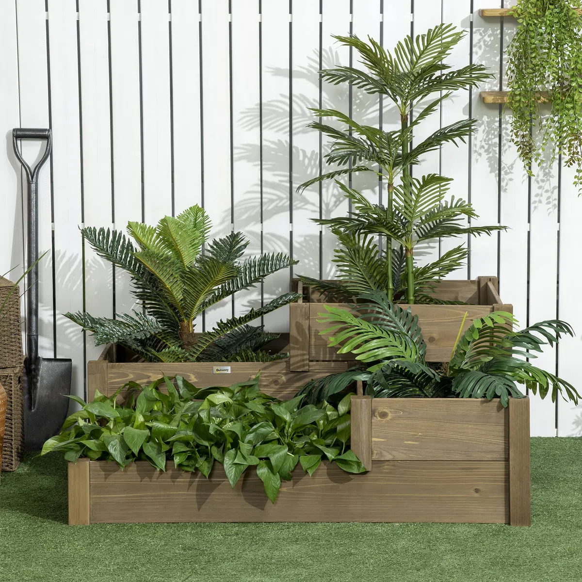 Outsunny Bac à légumes surélevé Bac à fleurs avec 3 niveaux, bac à plantes pour herbes aromatiques sur la terrasse et le balcon, bois de sapin, brun, 122 x 122 x 51 cm
