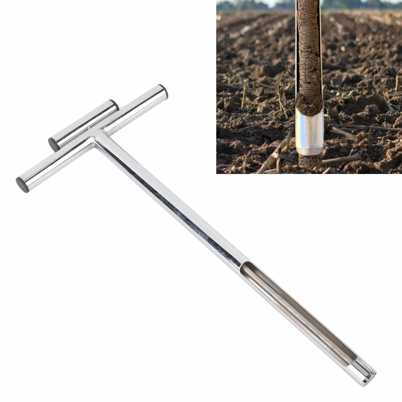 Denash Sonde D'échantillon de Sol, Outil D'échantillonnage de Sol à Poignée en T avec 2 Sacs D'échantillons, Kits D'analyse de Sol en Acier Inoxydable pour L'échantillonnage de Sol de