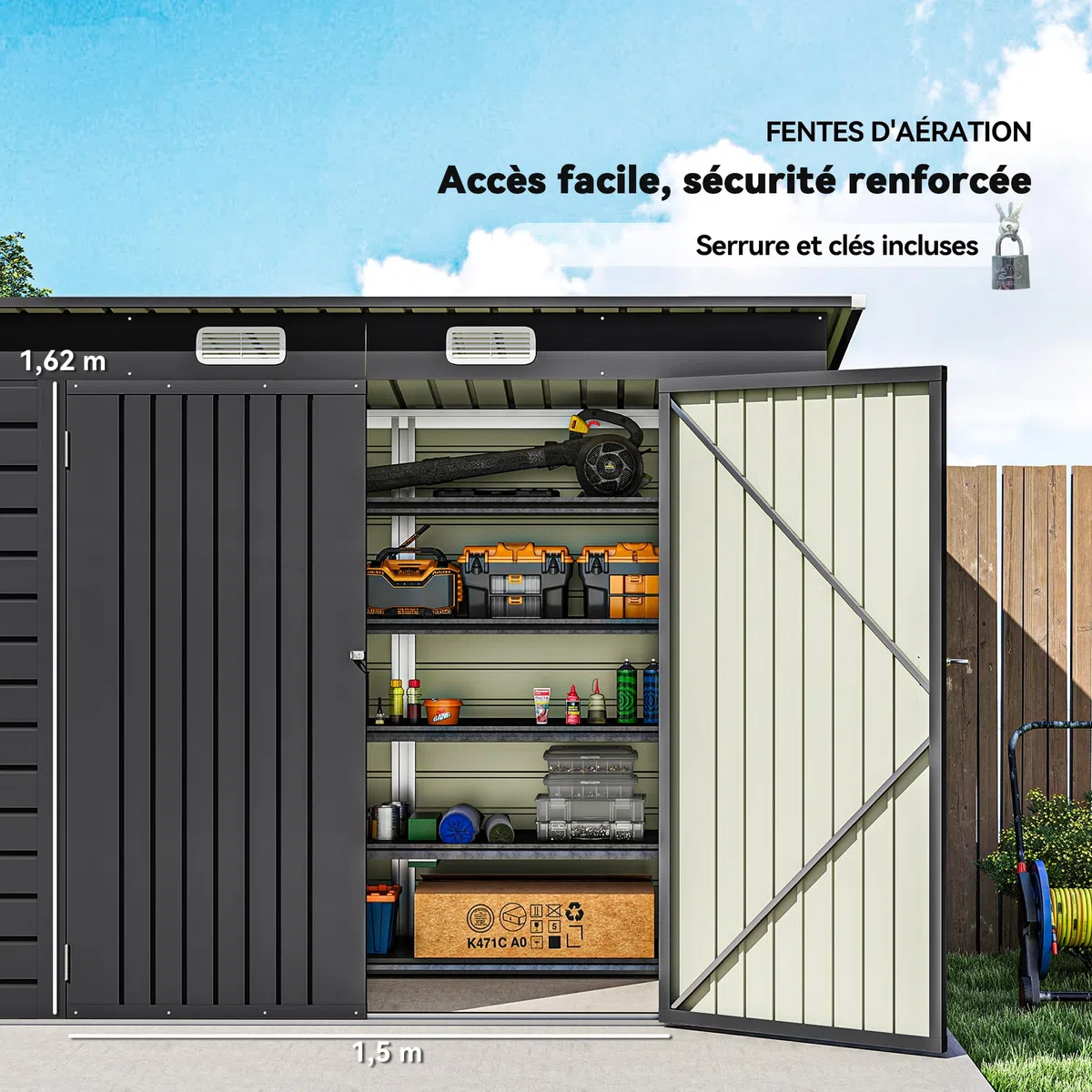 Outsunny Abri de Jardin en Métal 3 m², Cabane de Jardin 249x121x183cm, Structure en Acier Galvanisé Améliorée, Cabanon Rangement Outils, Gants, Portes Verrouillables, Aérations, Gris