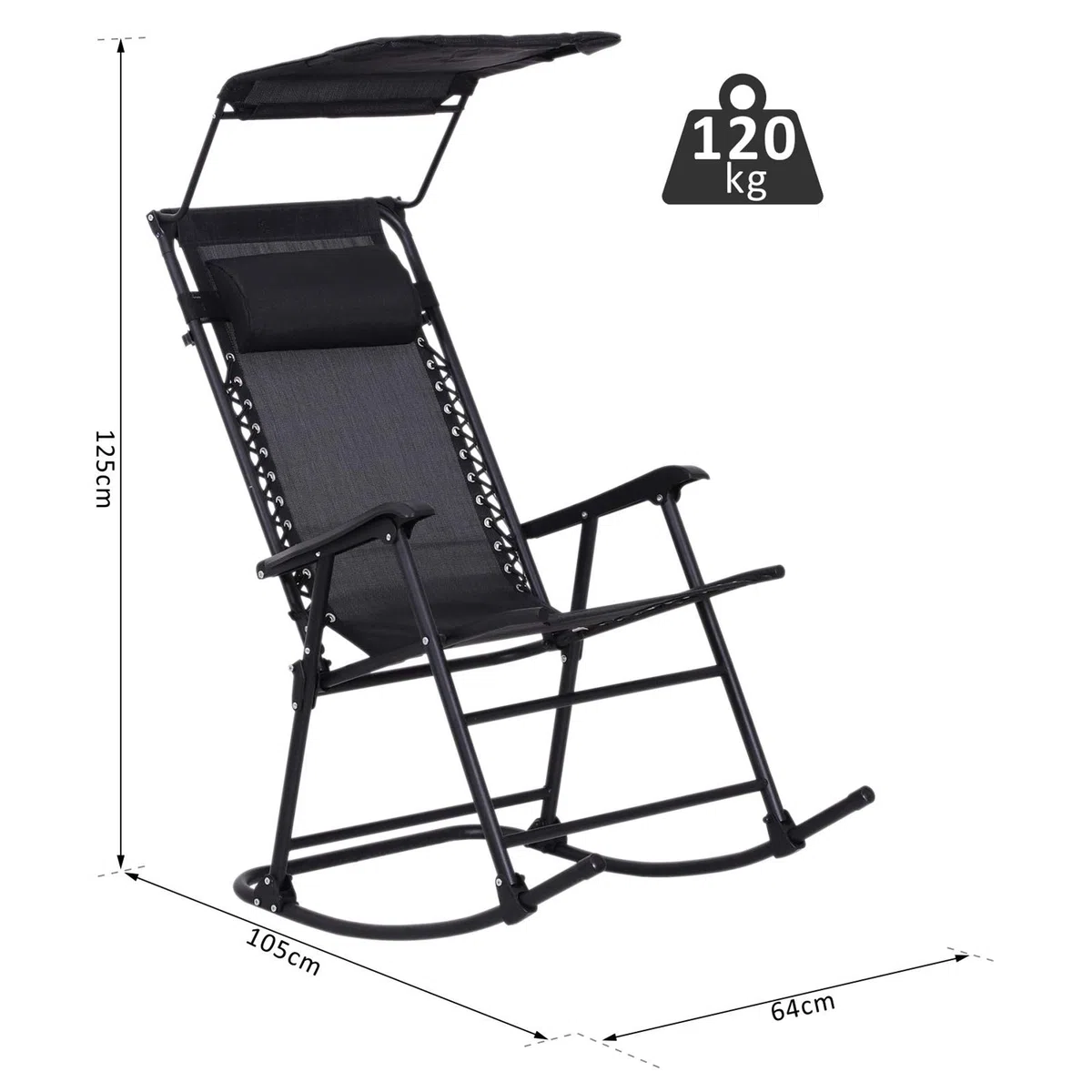 Outsunny Fauteuil à Bascule Rocking Chair Pliable de Jardin dim. 105L x 64l x 125H cm tétière + Pare-Soleil Inclus Acier époxy textilène Noir