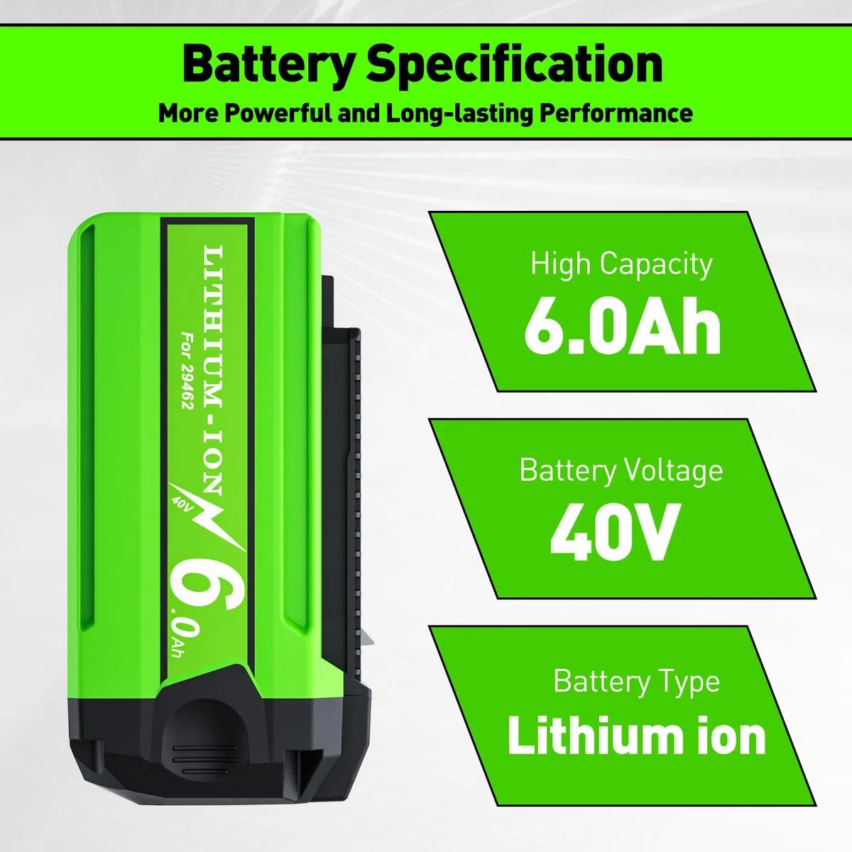 40V 6000mAh Remplacement Batterie pour GreenWorks Batterie 40V Compatible avec Les modèles 29462 29472 29252 25312 25322 20202 20642 21242 22272 27062
