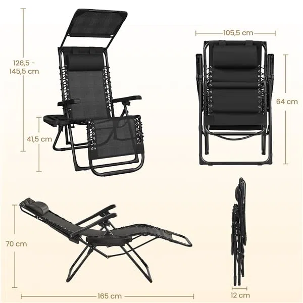 Yaheetech Chaise Longue avec Pare Soleil Bain de Soleil Pliable, avec Pare Soleil & Appuie-tête, Chaise Longue inclinable Transat de Plage Relax Camping Salon de Jardin Exterieur, Gris (1, Noir)
