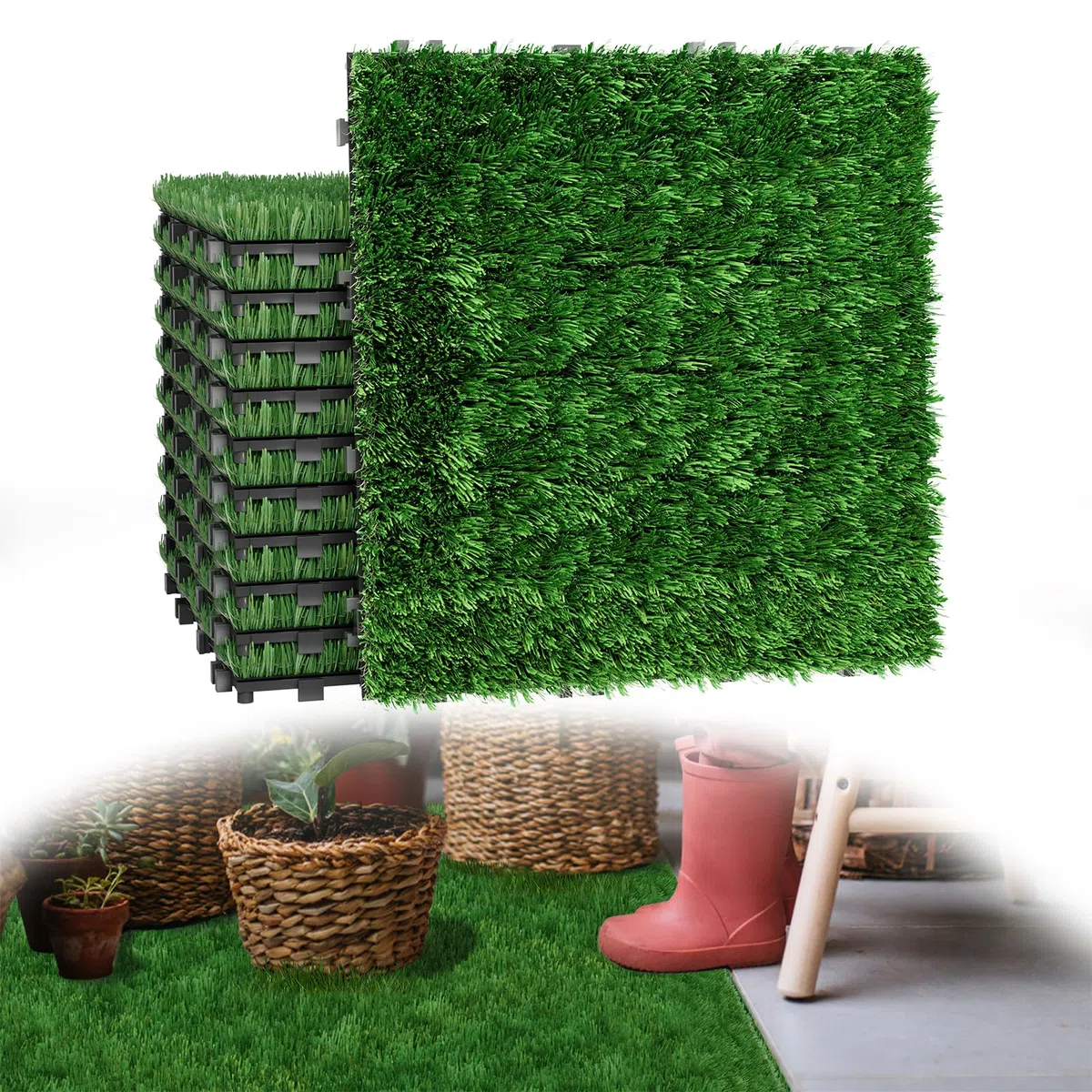 LZQ Lot de 22 tapis de gazon artificiel - 30 x 30 cm - Épaisseur totale : 4 cm - En plastique polyéthylène - Résistant aux UV - Pour jardin, balcon, pique-nique, moquette, extérieur