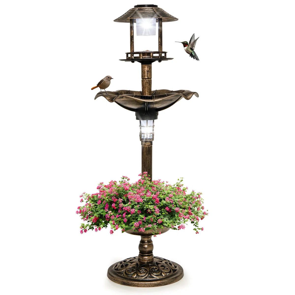 GYMAX Bain d'oiseaux, Abreuvoir sur Pied, Mangeoire avec 2 Lampes Solaire, Jardinière de Fleurs, Léger et Remplissable, Décoration pour Extérieur (Cuivre)
