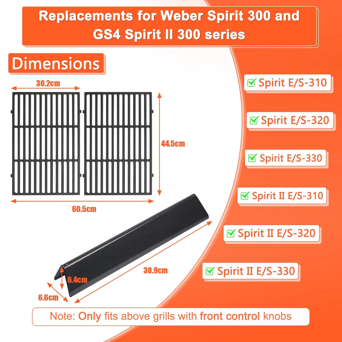 GFTIME Grilles de barbecue en fonte de 38,9 cm et 44,5 x 30 cm pour barbecue à gaz Weber Spirit E-310/320/330, Spirit II E-310 S-310, RÖSLE VIDERO G3 - Remplacement pour plaque chauffante en