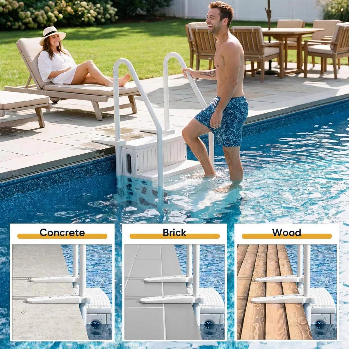 échelle de Piscine Hors Sol à pour Piscines de 116 à 152 cm | Accessoires de Piscine Antidérapants Comprenant Des Supports de Fixation pour Terrasse, Capacité de Charge de 180 kg