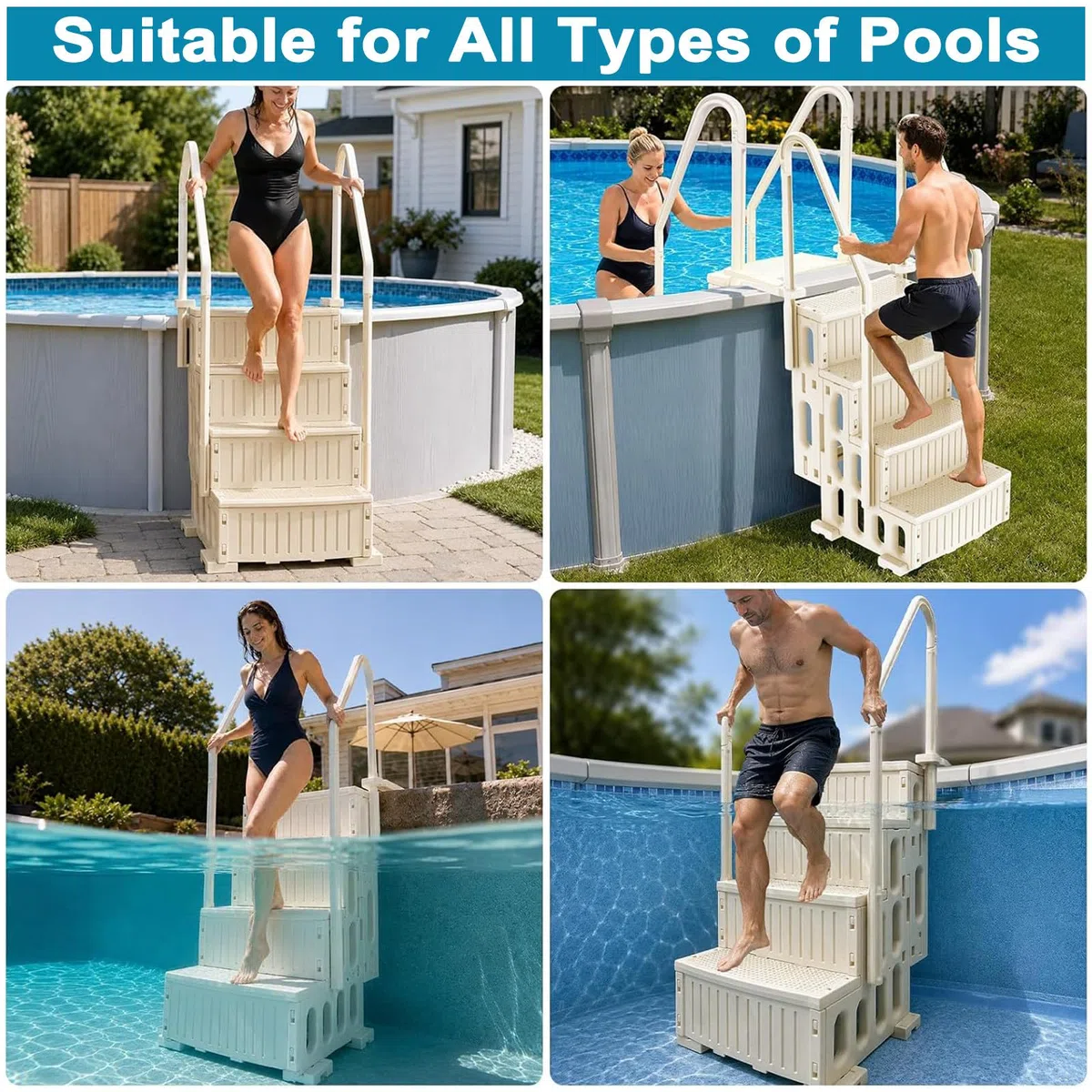 échelle de Piscine Hors Sol à pour Piscines de 116 à 152 cm | Accessoires de Piscine Antidérapants Comprenant Des Supports de Fixation pour Terrasse, Capacité de Charge de 180 kg