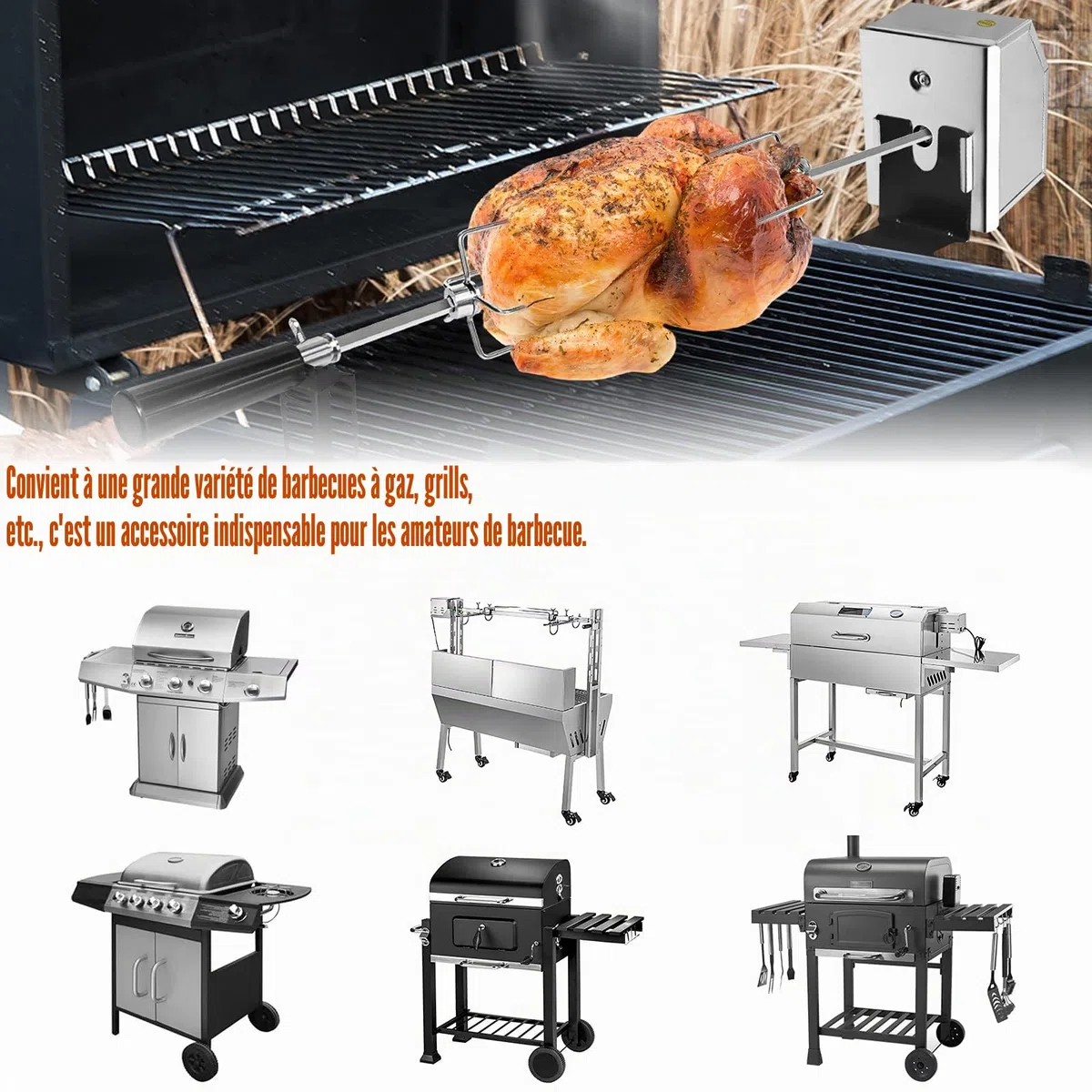 NAIZY Rôtissoire pour Barbecue Set de Brochettes à Griller universelle électrique avec 2 aiguilles à Viande et Moteur en Acier Inoxydable 220V - 240V pour rôtisserie et gril à gaz