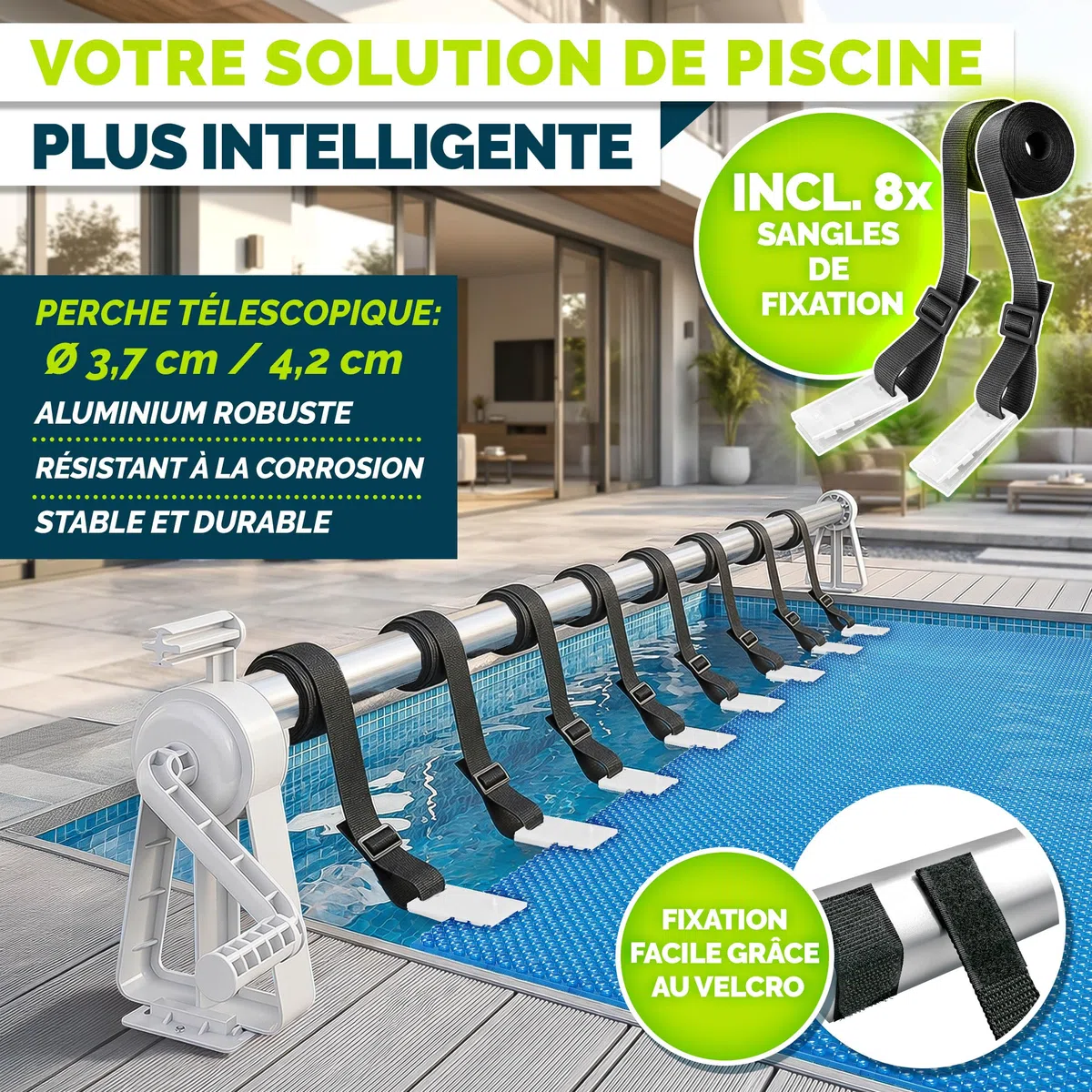tillvex Dérouleur pour Piscine 1,05-6,15 m avec thermomètre | Système d'enroulage pour bâche Solaire | Dispositif d'enroulement Les bâches de Protection et couvertures de Piscine + Pattes de Fixation