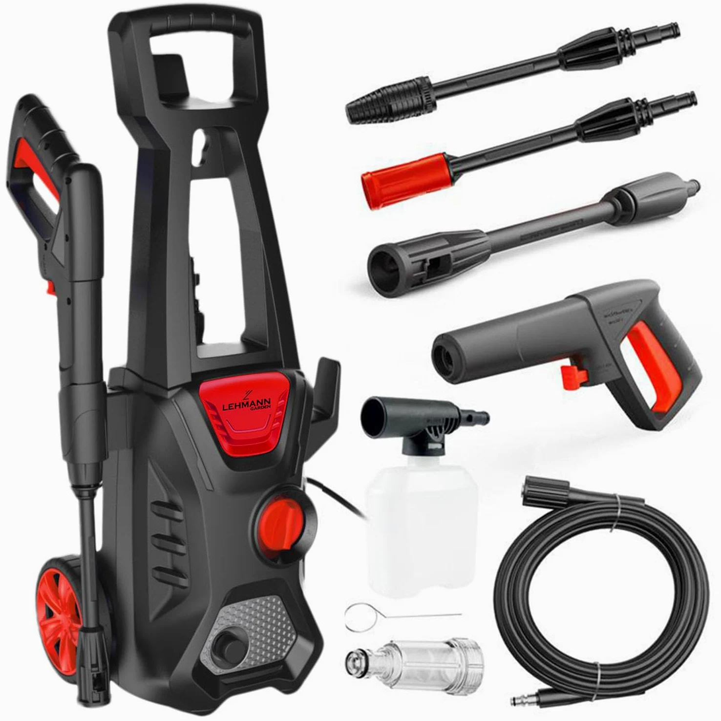 LEHMANN Jukon Nettoyeur Haute Pression, 1600 W, Max. 200 Bar, Débit 480 l/h, Tuyau 5 m, Pompe en Aluminium, Buse réglable & rotative, Lance à Mousse, Idéal pour Maison, Jardin, Terrasse, Voiture