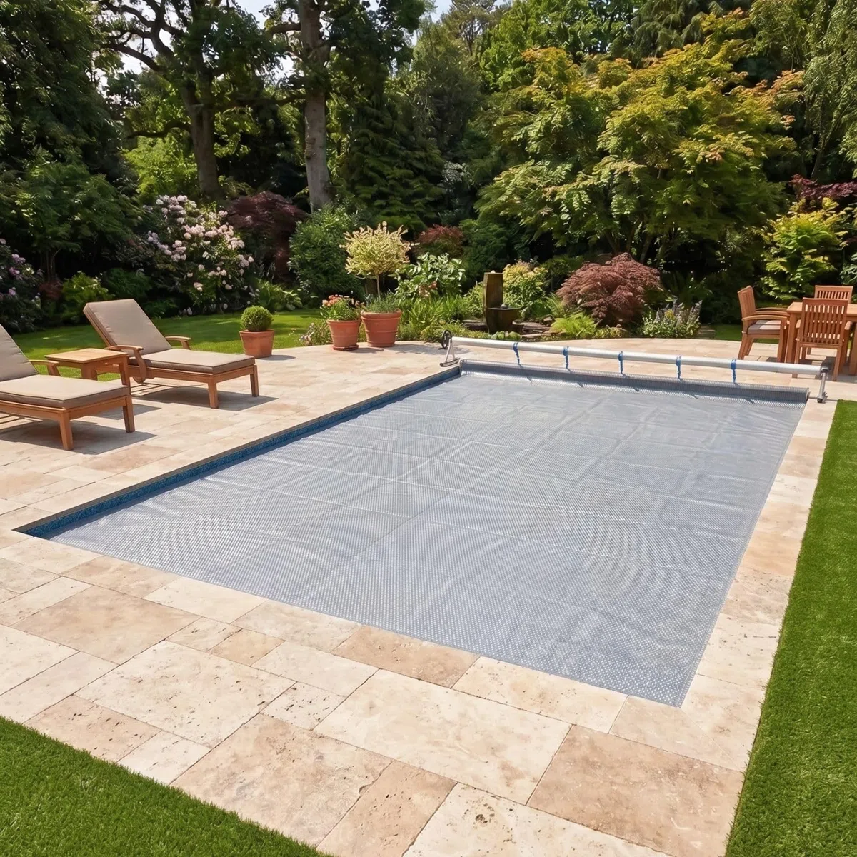 Bâche à Bulles Solaire Piscine 7 x 3,5 m - Epaisseur 500 Microns Premium - Bordée 4 Côtés - Technologie Alvéolaire Chauffante Anti Algues - Bleu/Gris