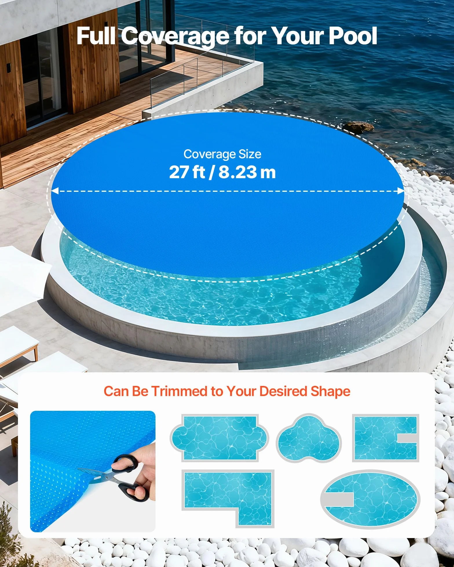 VEVOR Bâche Solaire Piscine Ronde 8,23 m Couverture Solaire Piscine 0,4 mm Bâche à Bulles en Polyéthylène PE pour Piscines Hors Sol Creusées, Absorption de Chaleur Jour et Rétention Chaleur Nuit, Bleu
