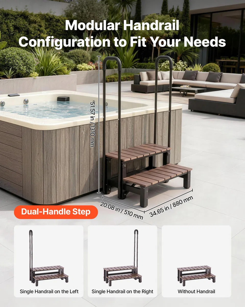 VEVOR Escalier pour Spa à 2 Marches avec Mains Courantes Capacité 250 kg | Marchepied Antidérapant, Largeur 820 mm, Structure Acier et HIPS, pour Piscine Hors-sol, Spa Gonflable, Camping-car, Terrasse