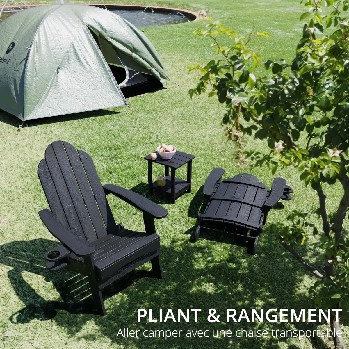 LUE BONA Chaise Adirondack Noire, Chaise de Jardin HDPS Pliable, Résistante aux Intempéries avec Porte-Gobelet, pour Jardin, Terrasse, Balcon