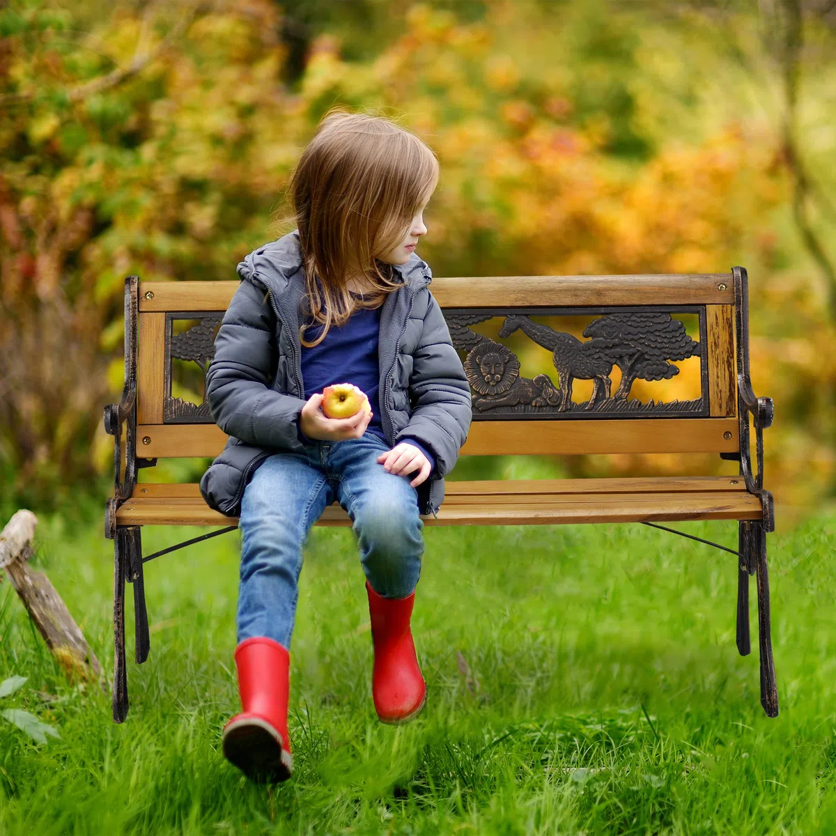 Relaxdays Banc Jardin Enfants, Motifs Animaux Afrique, capacité de 50 kg, Bois et Fonte, HLP : 51 x 83 x 37 cm, Nature