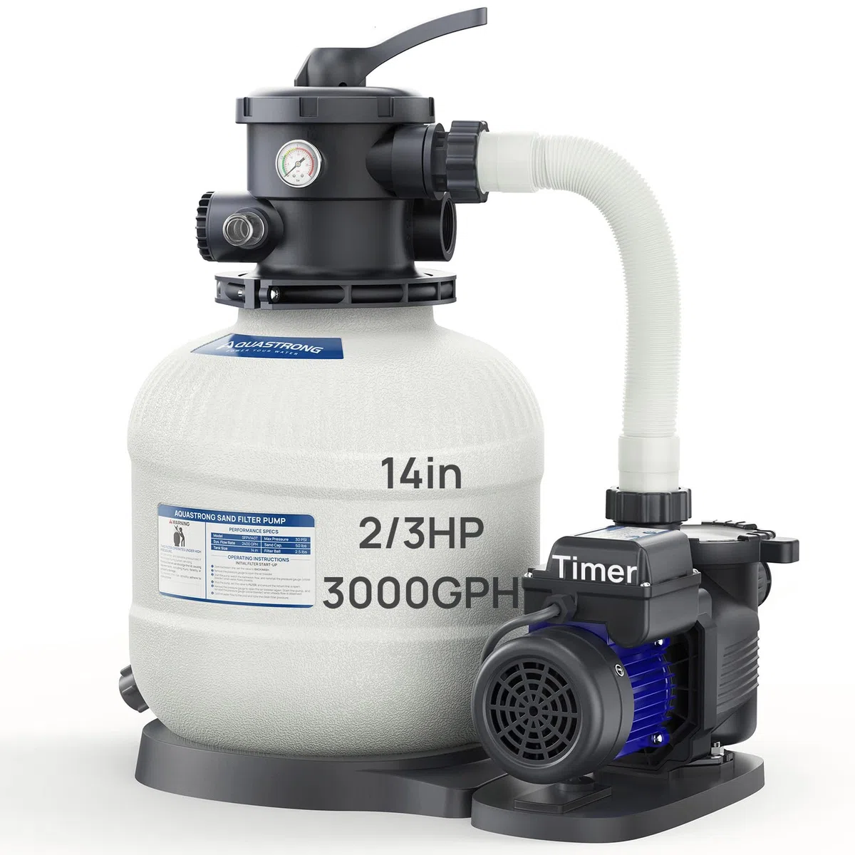 AQUASTRONG Pompe de filtre à sable de 35,6 cm pour piscine hors sol avec minuterie, pompes de piscine hors-sol 2/3 HP 3000 GPH pour piscines jusqu'à 13 000 gall, filtre de piscine avec valve à 6 voies
