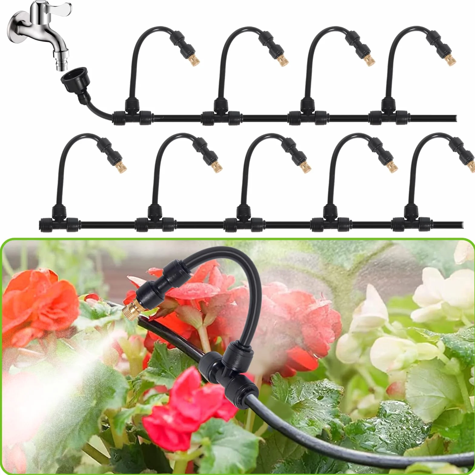 16M Brumisateur Exterieur,64 Pcs Kits d'irrigation Système de Brumisation avec 18 Buses de Brume avec Joint en T+1 Adaptateur (en Laiton, 3/4") pour les Événements Extérieurs,Les Jardins