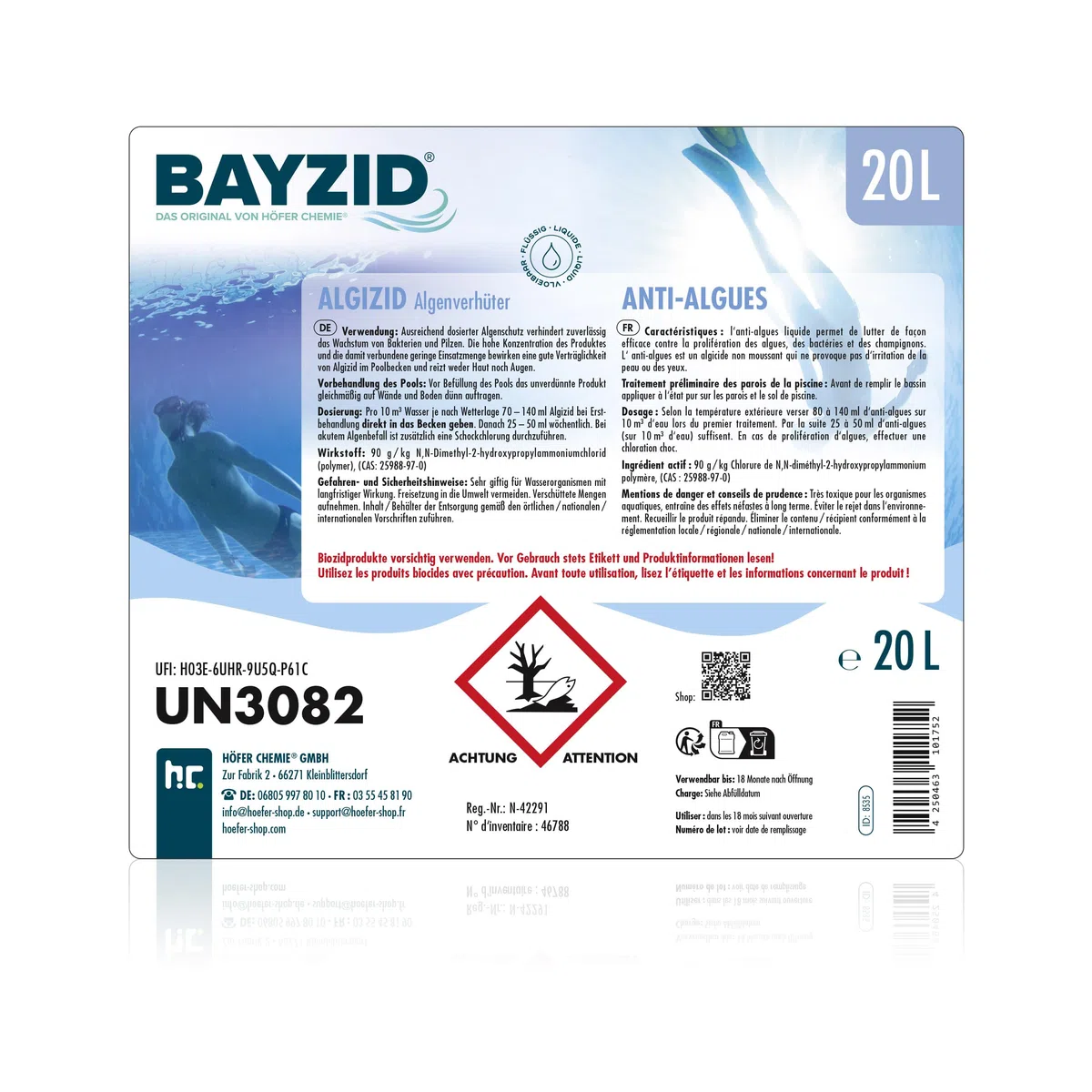 Höfer Chemie 2 x 20 L (40 litres) Algicide Anti Algue pour Piscine | Anti-Algues Non Moussant - Double Action Curative et Préventive - Efficace contre Bactéries et Champignons