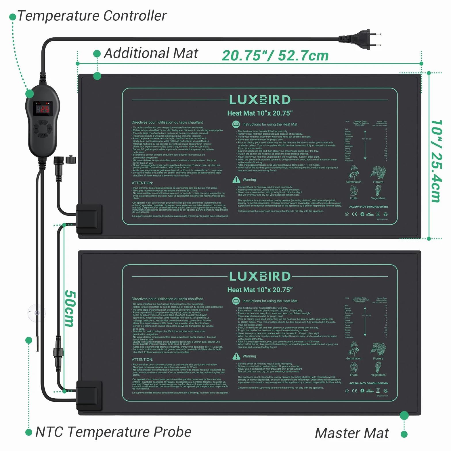 Luxbird Tapis Chauffants de Thermostats pour Plantes, 4 Tapis Chauffants avec 1 contrôleur, 30W, pour Plusieurs, Semis, Terrarium, Étanchéité IP67, 52.7x25.4 cm
