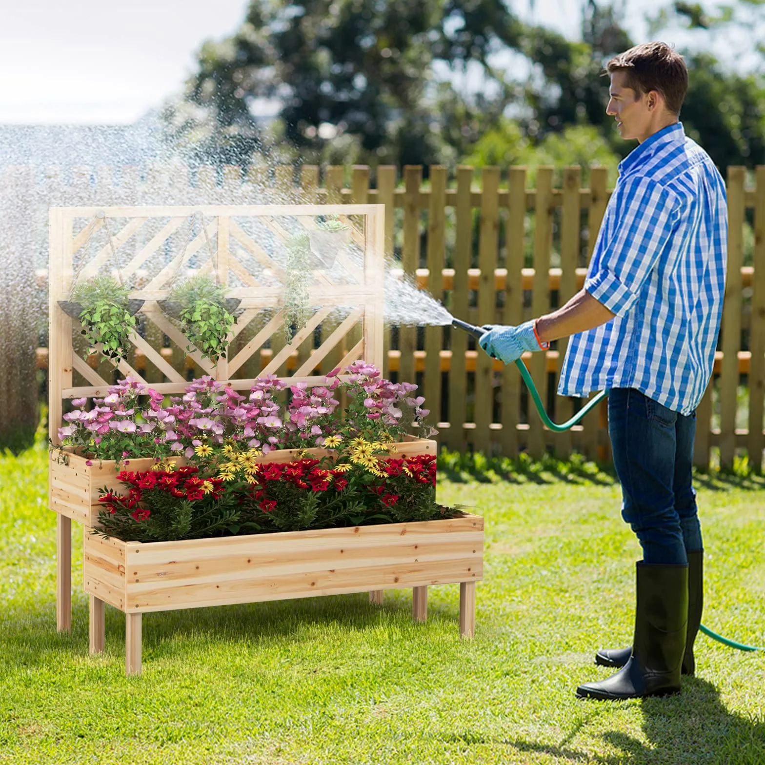 GOPLUS 2 en 1 Jardinière Surélevée avec Treillis en Bois à 2 Niveaux pour Vigne, Bac à Fleurs avec Trou de Drainage pour Légumes, Fruits, Herbes, Fleurs, pour Patio, Balcon, Terrasse