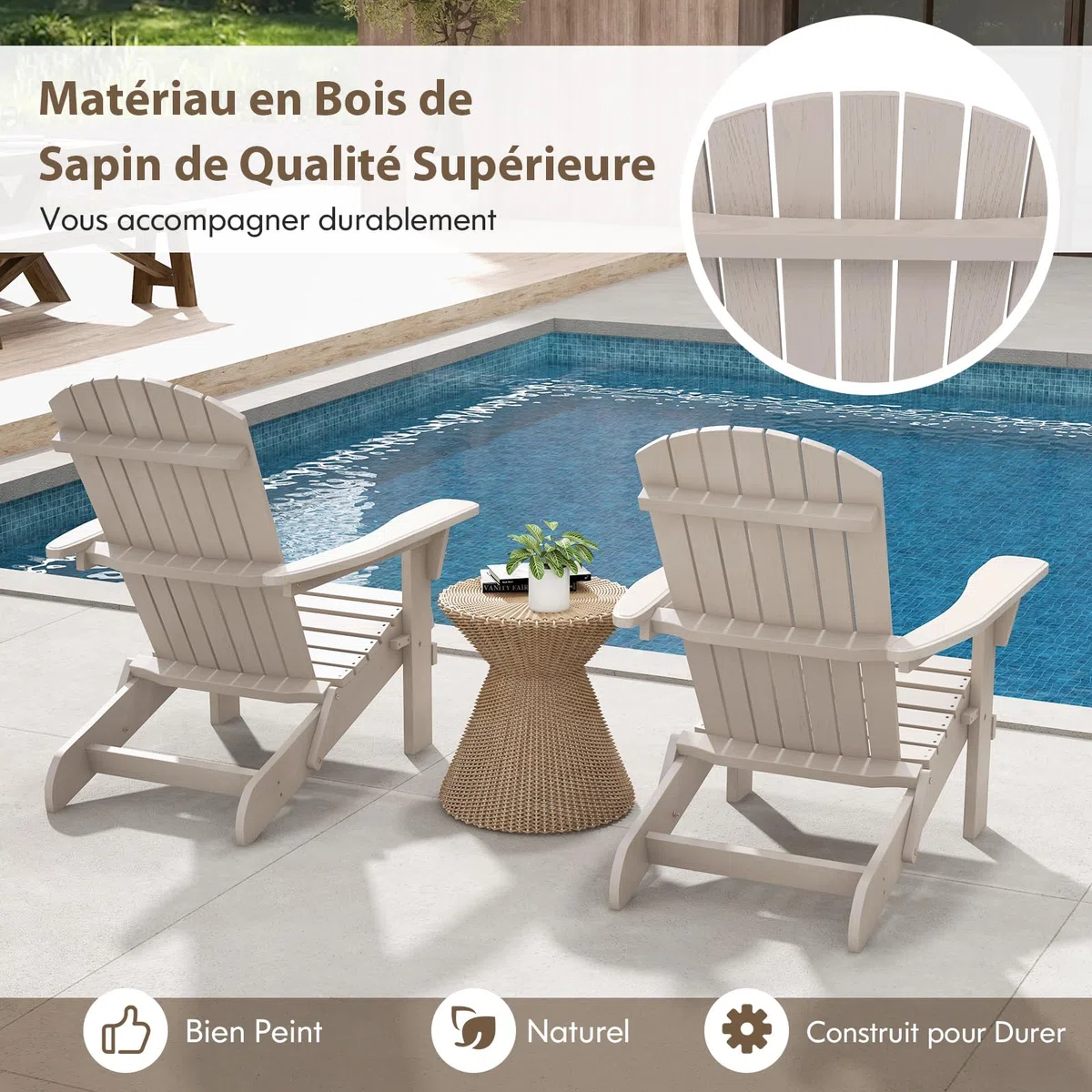 GOPLUS Chaises Adirondack, Chaise d'Extérieur Pliable avec Cadre Bois Massif, Dossier Incurvé et Accoudoirs Larges, Max.180 Kg, pour Terrasse, Jardin, Piscine (89 x 71 x 94 cm, Gris,1)