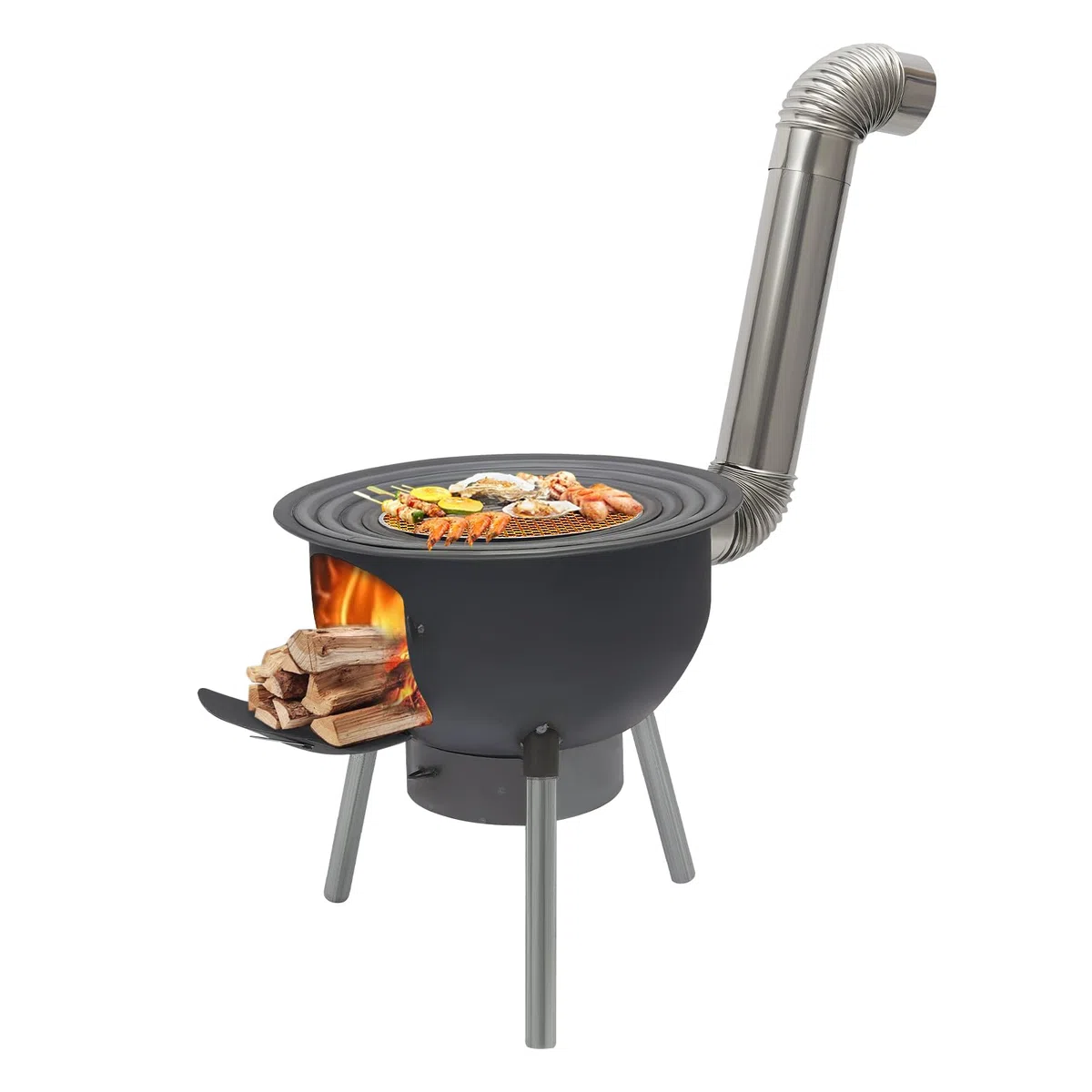 Poêle à bois portable avec anneaux de cuisson 3/4 et bac à cendres - Pieds amovibles - Four en tôle d'acier robuste avec ventilation et cheminée - Pour camping, pique-nique et cuisine en plein air