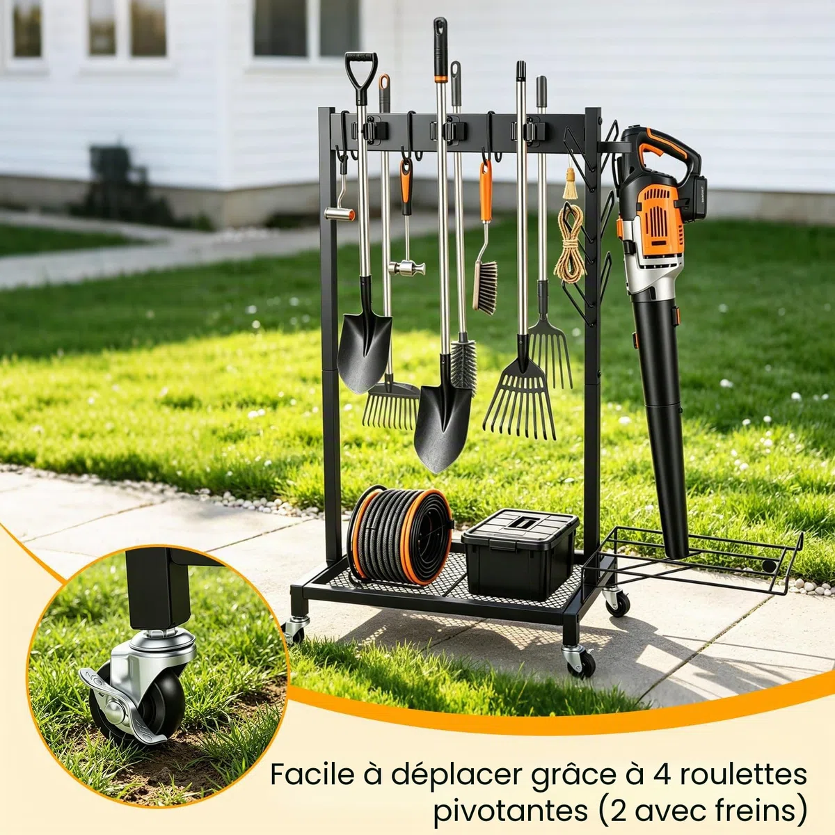 Chariot de Nettoyage, Porte Balai, avec 4 roulettes, 3 Crochets et 6 Emplacements, pour Outils de Jardin, avec Roue et Crochet, Support pour Outils Jardin, Étagère Rangement Nettoyage Mobile