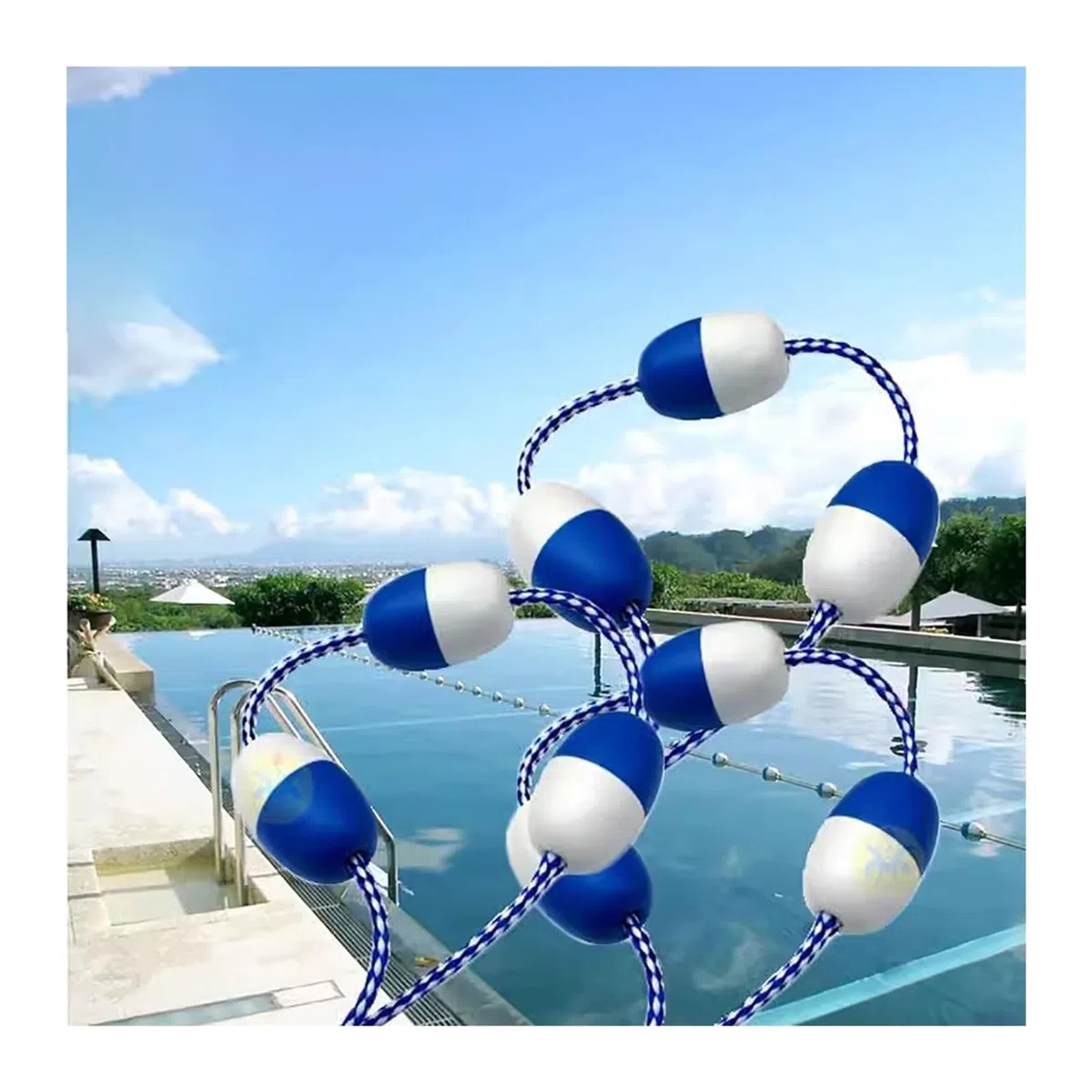 Ce kit de sécurité pour Piscine Comprend Une Corde et Un Flotteur, Une barrière Flottante de 27,4 m avec Crochets, Une Ligne de séparation Portable pour la Partie Profonde et Une bouée de dé