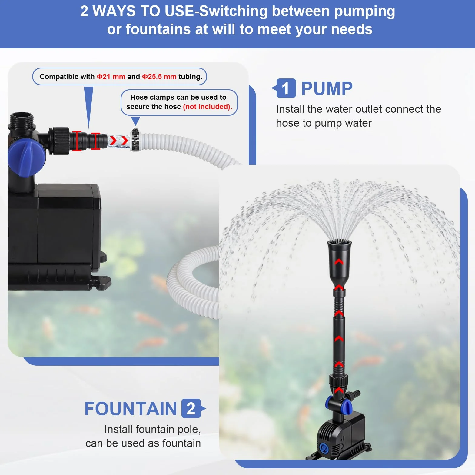 EFUTURETIME Pompe de Bassin 3000 L/H 55W, Pompe pour Fontaine Exterieur avec 2 Buses 5m Câble, 3m Hauteur Manométrique, Paysage Aquatique Parfait pour Bain d'oiseaux Aquarium Etang Jardin
