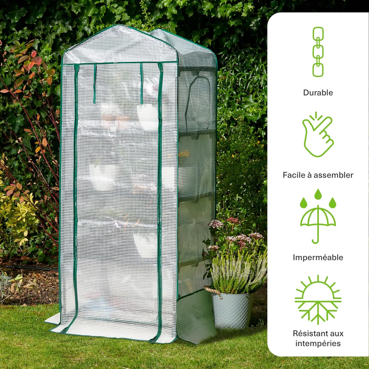 BRAMBLE Serre de Jardin pour Balcon, Intérieur & Extérieur avec 4 Étagères (10kg Poids Max par Étagère), Châssis en Acier & Bâche en PVC Renforcée Résistante - Solide & Facile à Monter - 160x69x49cm
