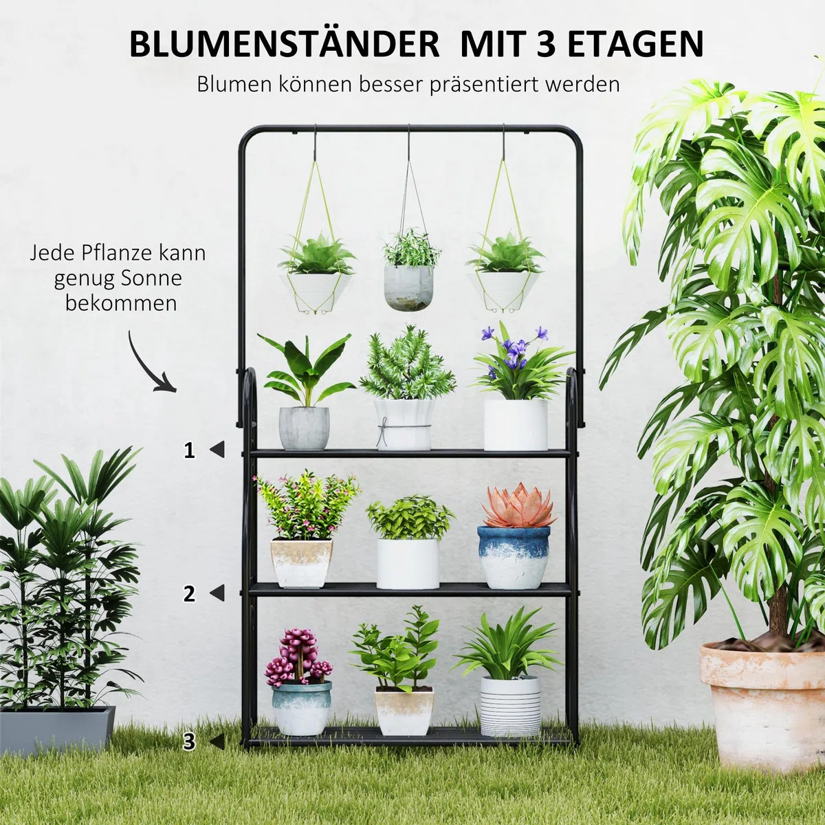 Outsunny Étagère à fleurs 3 niveaux pour Intérieur Extérieur Métal Noir | Support de Plantes, Tige de Suspension, 3 Crochets, pour Balcon, Salon, Chambre, Jardin