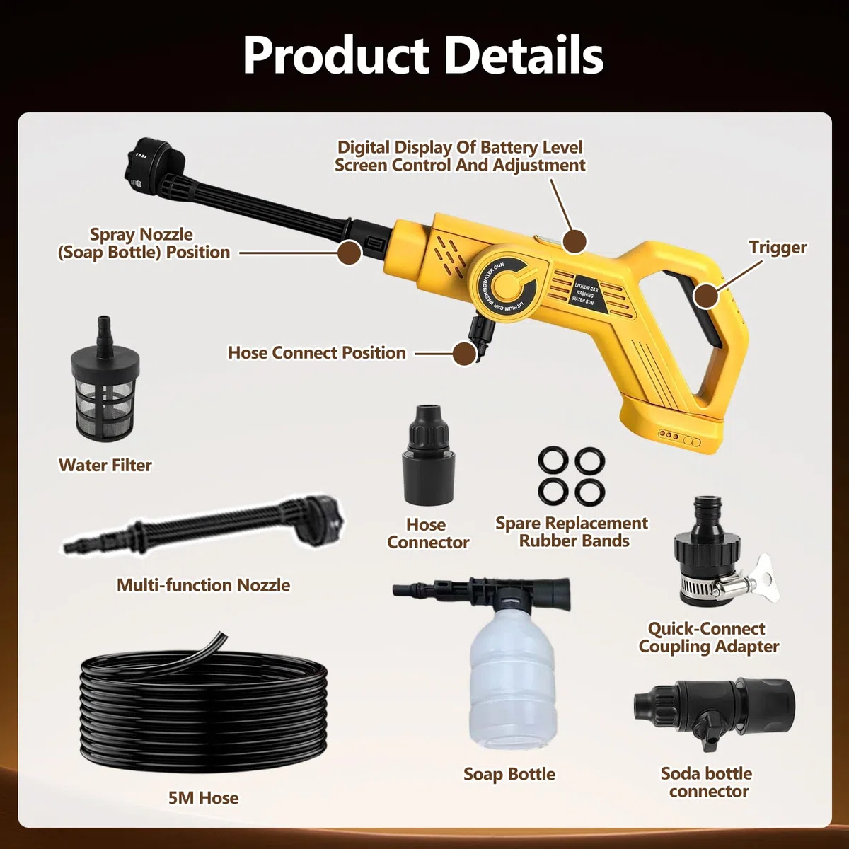 Nettoyeur Haute Pression sans Fil Compatible avec Batterie Dewalt 20V 80Bar | Nettoyeur Portable avec tuyau de 5 m buse 6 en 1 pistolet pour Lavage de Voiture et Nettoyage du Jardin