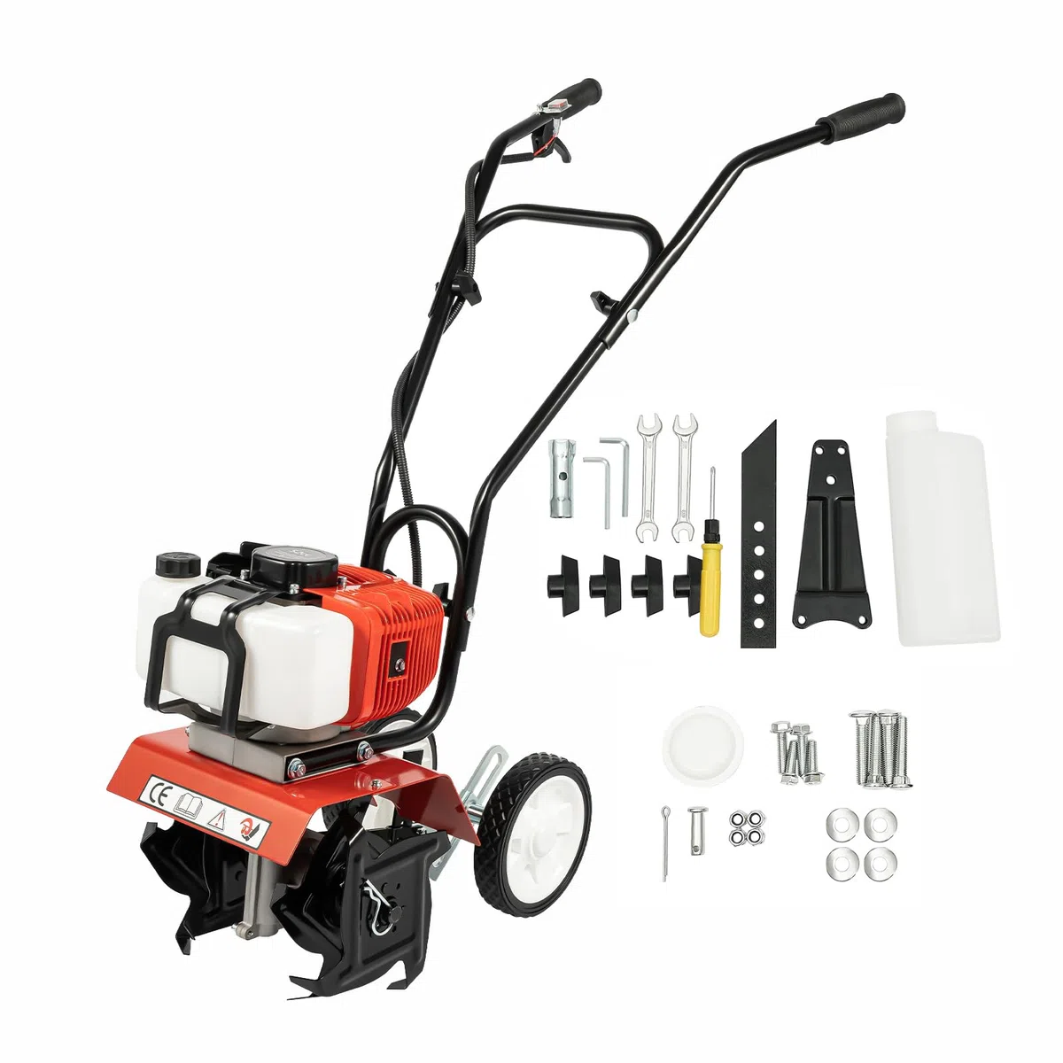 Motoculteur à essence 52CC 2 temps avec 4 lames en acier, largeur de travail de 35 cm, roues réglables en hauteur pour creuser et enlever les mauvaises herbes